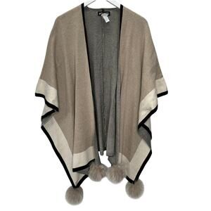 Mitchie's Matchings Poncho One Size Black Beige Fur Pom Pom Open Front Cardigan
